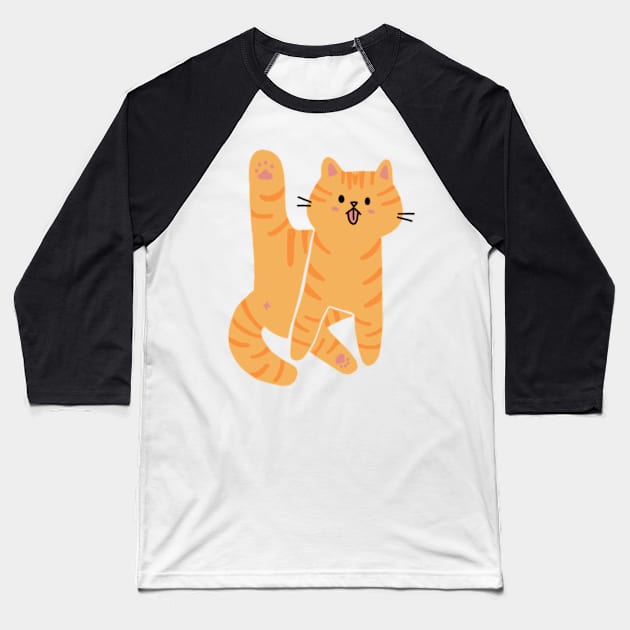 Orange Cat Licking Butt Baseball T-Shirt by waddleworks
